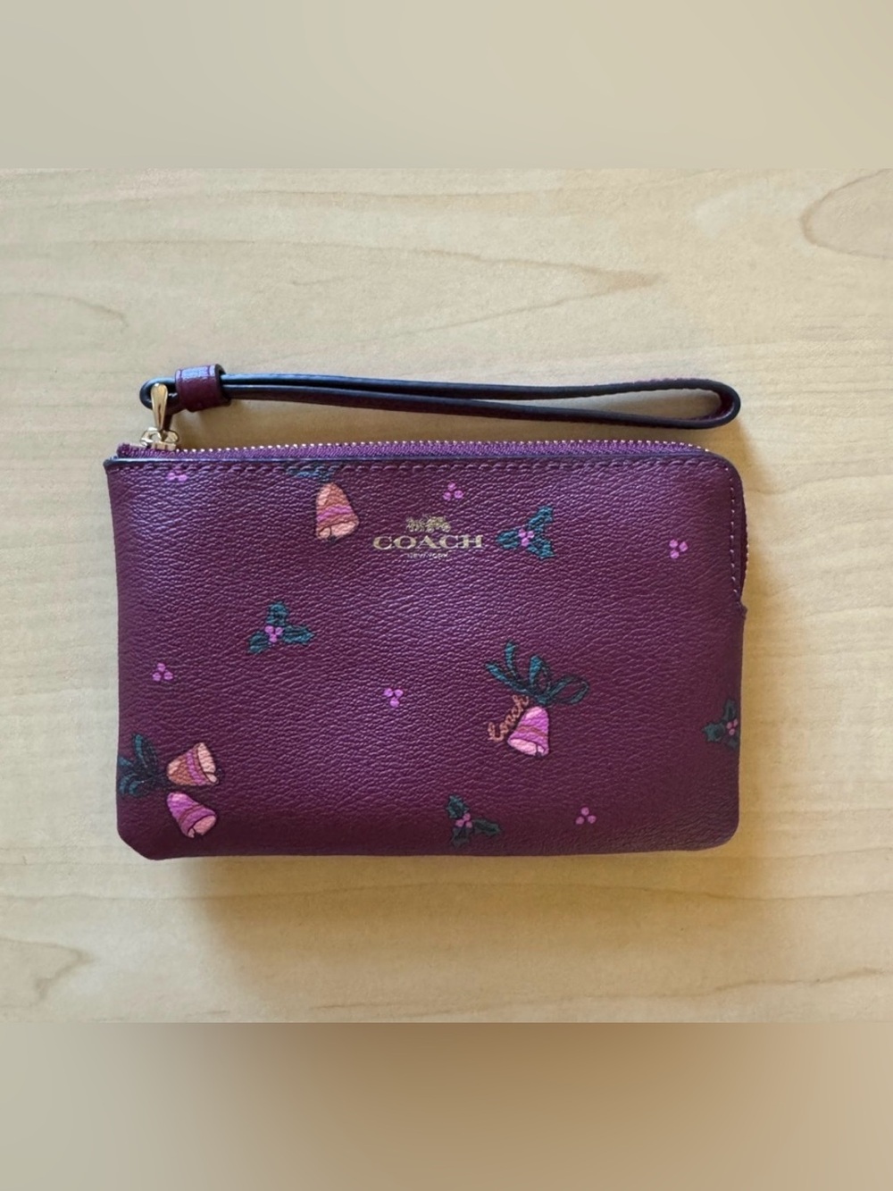 Coach Holiday Bells Corner Zip Wristlet Black Cherry Brown Coated Canvas